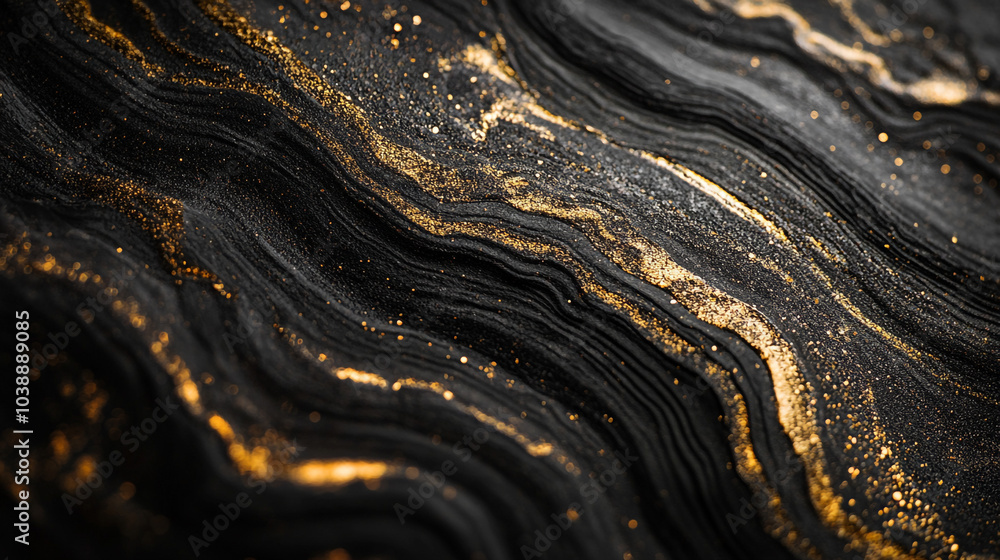 Poster abstract black and gold textured background with flowing patterns and shimmering details