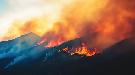 Wildfire smoke dances through the air under a captivating sunset over the mountains