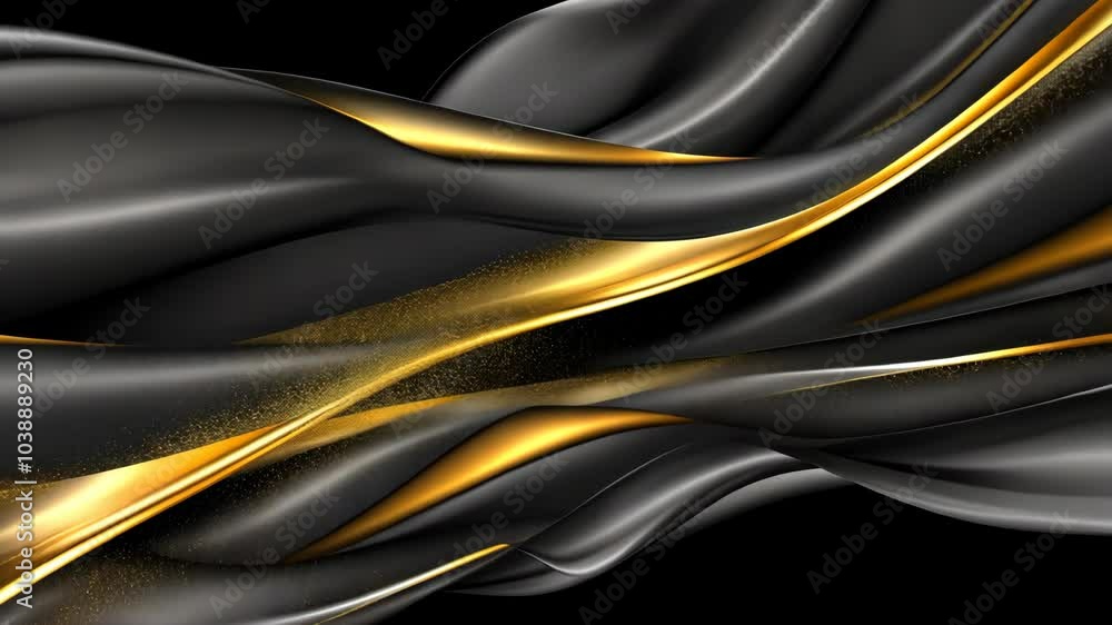 Poster black and gold fabric flows in a graceful wave, creating a luxurious and elegant abstract background