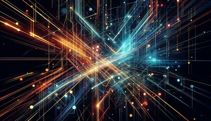 Obraz premium Dynamic abstract pattern with neon lights crisscrossing over black backdrop,generative ai