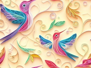 Obraz premium seamless pattern of 3D hummingbird bird, paper quill pattern. 