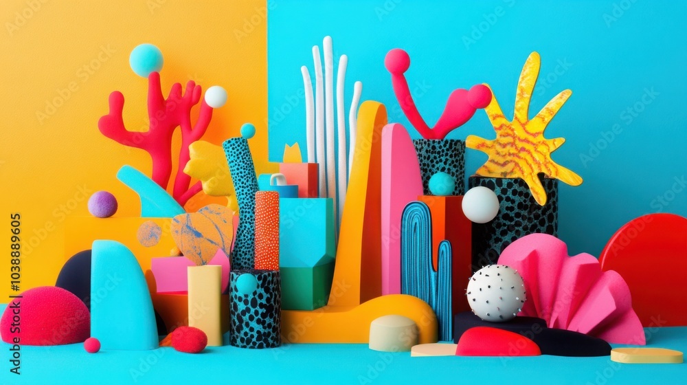 Poster a dynamic arrangement of bright, whimsical elements in various shapes and sizes, exuding a cheerful 