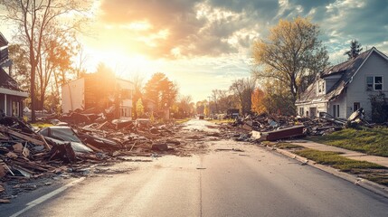 Obraz premium A quiet street shows the aftermath of a tornado with scattered debris and broken homes