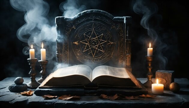 Grimoire open on a dark stone altar with candles and smoke
