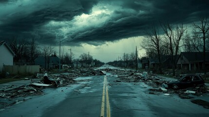 A quiet street is strewn with debris as dark clouds loom ominously above post tornado chaos