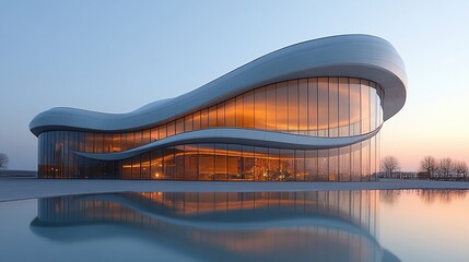 A modern, sleek, and futuristic building with a curved glass facade reflects in a still pool of water at sunset.