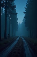 Obraz premium The dark road winds through the misty forest under a starry night sky. Mystical atmosphere and temperature difference.