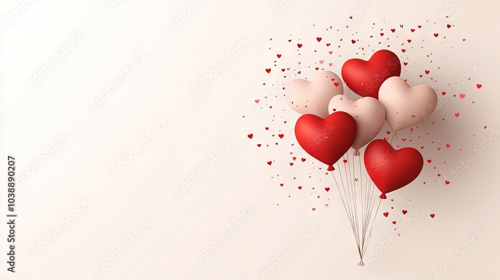 Poster a collection of heart-shaped balloons hovering above a pristine surface, while red confetti adorns t