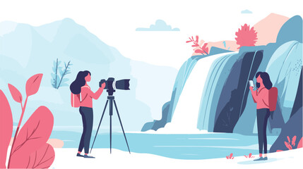 Video blogger set. Women posing and speaking for video camera on vacation, in gym, at home with laptop. Flat illustrations.
