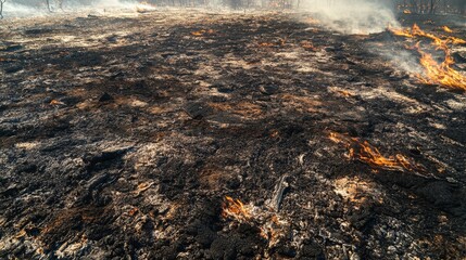 The ground lies scorched and smoldering remnants of a once vibrant landscape consumed by fire
