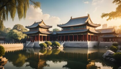 Naklejka premium Stunning traditional Chinese architecture reflected in a tranquil pond surrounded by lush greenery