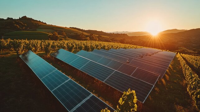 Solar panels in a vineyard at sunset, highlighting renewable energy and agriculture.