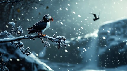 A puffin perched on a branch dusted with snow, overlooking a windswept icy coastline.