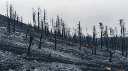 Obraz premium Charred remains of trees rise starkly in a desolate burnt forest under a gray sky
