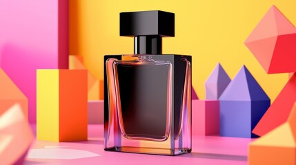 Elegance in Geometry - High-Fashion Luxury Perfume Bottle Mockup with Sculptural Design in Vibrant Artistic Composition, Cinematic Lighting