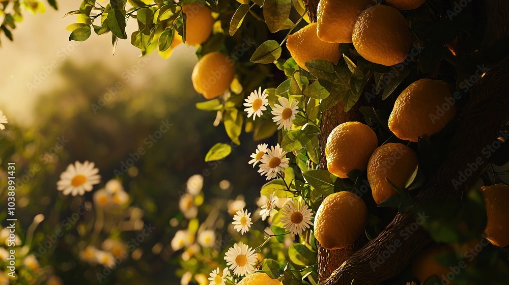 Poster a group of oranges dangles from a tree with daisies in front and trees in the distance
