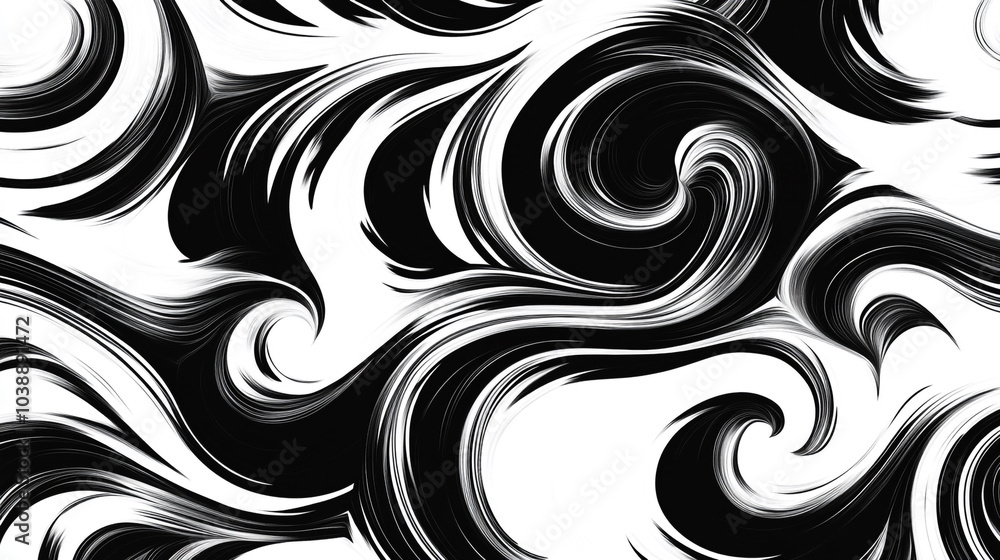 Poster abstract black and white swirling pattern creating dynamic movement on a flat surface