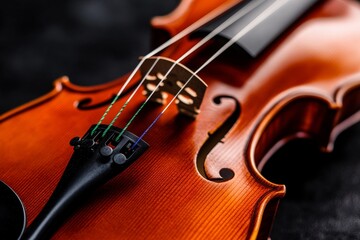 Fototapeta premium Closeup on the strings of a violin resting on black