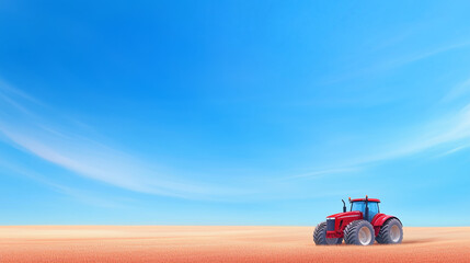 Red tractor working across a golden field under a bright blue sky during sunny weather