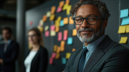 A confident man in a suit adorns glasses, engaged in a creative brainstorming session amidst colleagues and vibrant sticky notes