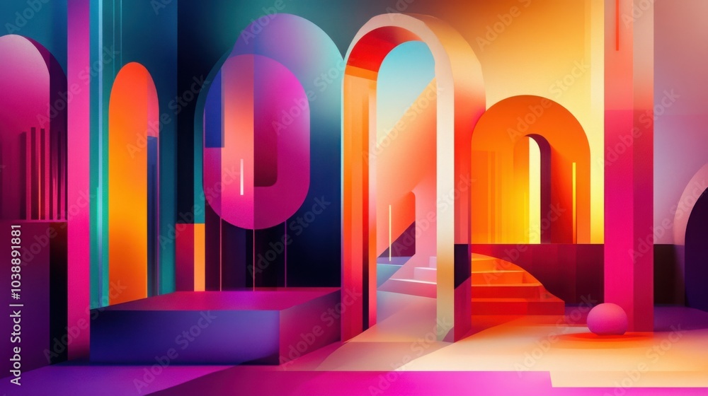 Poster abstract shapes and forms that combine depth and dimension, utilizing bold colors and gradients.