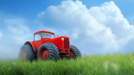 Fototapeta premium A vintage red tractor stands in lush green grass under a bright blue sky with fluffy clouds
