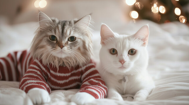 Cats and Dogs in Matching Christmas Pajamas for Holiday Photo