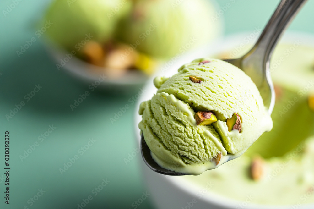 Wall mural pistachio ice cream in a spoon for the cone.