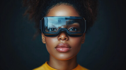 The young woman displays an intense gaze while wearing sleek eyewear, highlighting cutting-edge design and technology against a dark background
