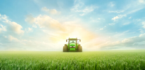 A bright morning dawns over a green field with a tractor in the distance under cloudy skies