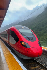 Fototapeta premium A red train, sleek in design, sits at a mountain station surrounded by mist and green hills on a foggy morning, preparing for departure