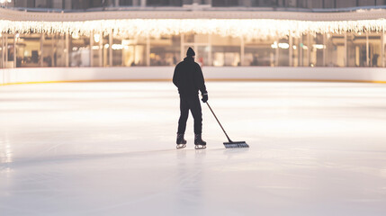 Obraz premium Ice Rink Staff Member Prepares Ice for Skaters During Busy Season