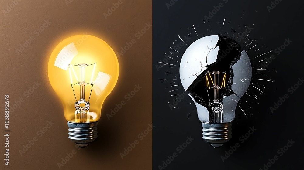 Poster illuminating change the dual nature of a light bulb representing innovation and failure in technolog