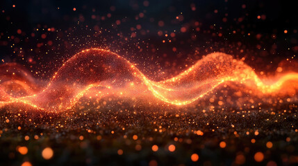 A luminous wave of vibrant particles swirls gracefully against a dark backdrop, illustrating a captivating sense of energy and motion