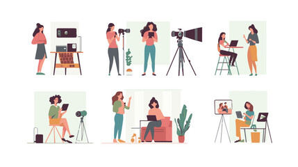 Video blogger set. Women posing and speaking for video camera on vacation, in gym, at home with laptop. Flat illustrations.
