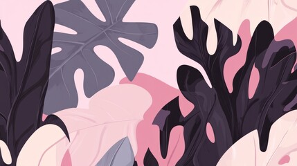 Abstract pink and grey tropical leaves pattern.