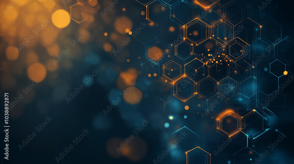 Poster technological background with elements of neural connections and details in the form of hexes