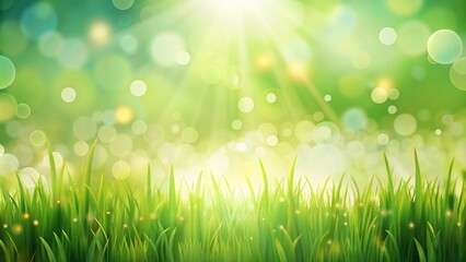 Obraz premium Fresh green spring background with bokeh defocused lights and grass 
