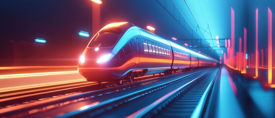 Fototapeta premium A futuristic high-speed train illuminated by vibrant lights on a railway track at night.