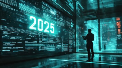 Obraz premium A silhouette of a person in a futuristic setting, with digital data and the year 2025 displayed.