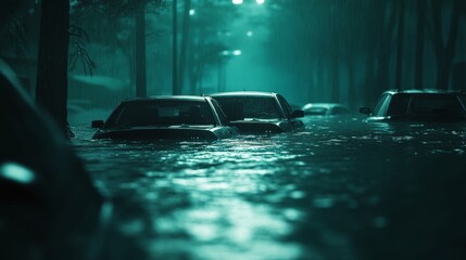 Cars are partially submerged in a flooded roadway amidst a dark and rainy atmosphere