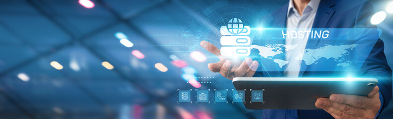 Businessman using tablet analyzing hosting performance metrics, server uptime, bandwidth usage, website traffic, customer satisfaction rates.