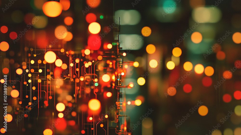 Poster abstract digital circuit with colorful lights creating a vibrant technology-inspired background