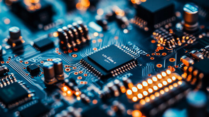 Obraz premium Close-up of a high-tech circuit board with intricate components and glowing elements