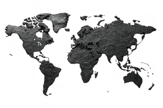Black World map isolated on transparent background, png file, no background png file