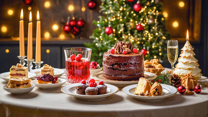 Fototapeta premium AI-generated images of Christmas spirits, with a mouth-watering spread of decadent desserts