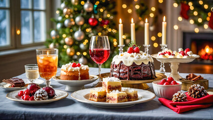 Fototapeta premium AI-generated images of Christmas spirits, with a mouth-watering spread of decadent desserts