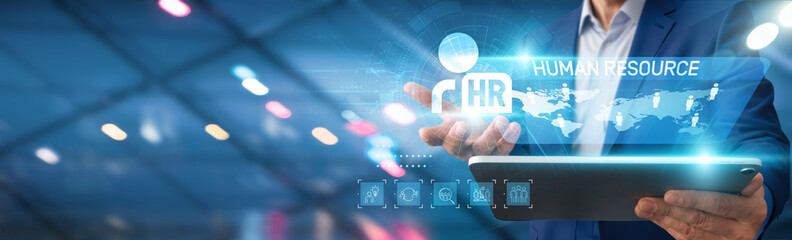 HR. Businessman using tablet analyzing human resource data, employee performance, recruitment metrics, staffing levels, workforce diversity, training needs, and talent management strategies.