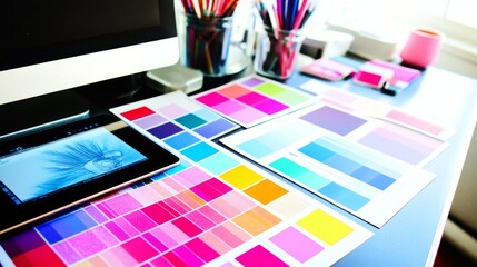 A designer's desk with color swatches, a tablet, and a computer.