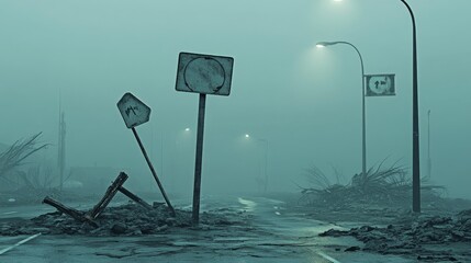 Fog envelops a deserted street with bent signs and damaged lamp posts remnants of a storm